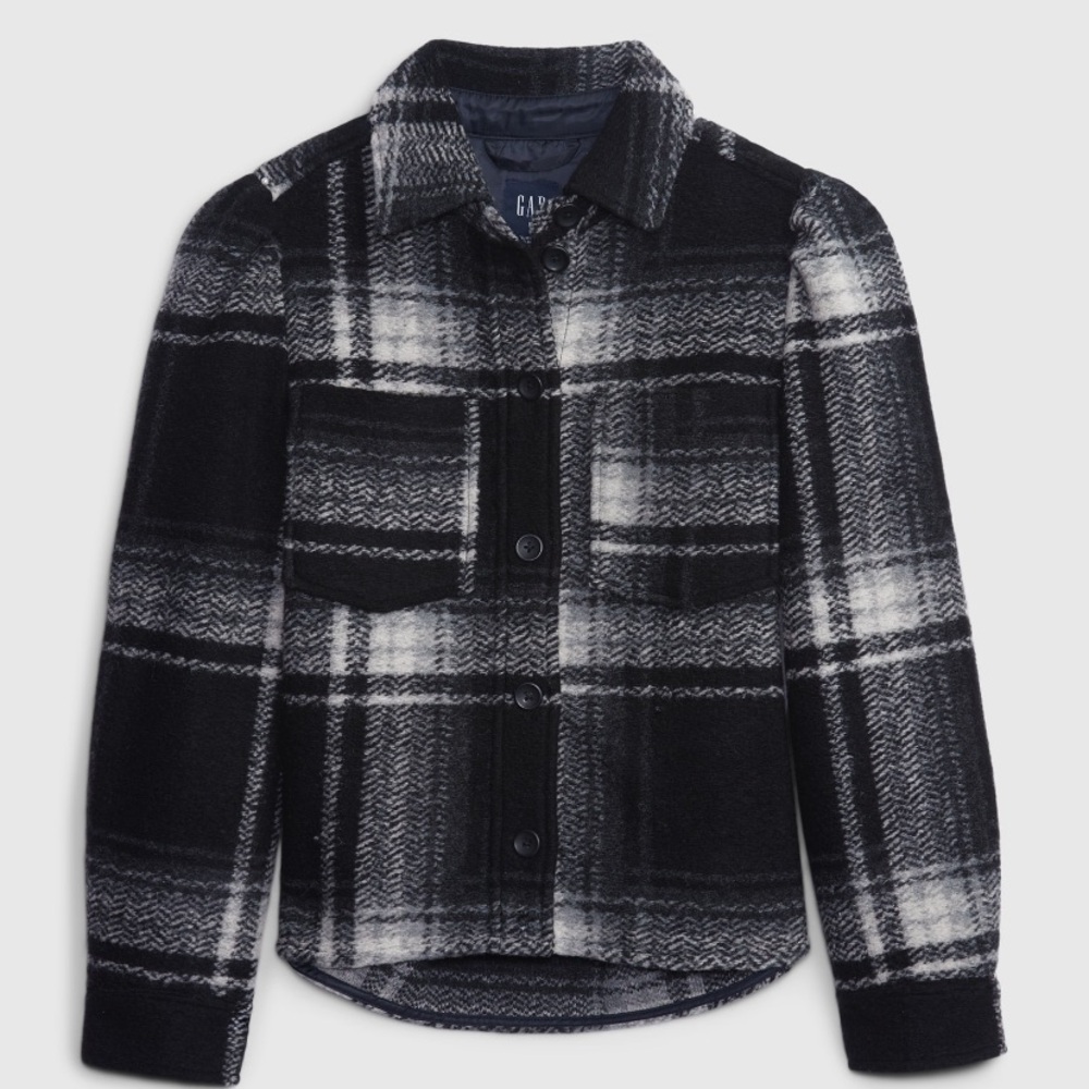 Gap Womens Puff Sleeve Cropped Wool Shirt Jacket Shacket Size XL Black Plaid.